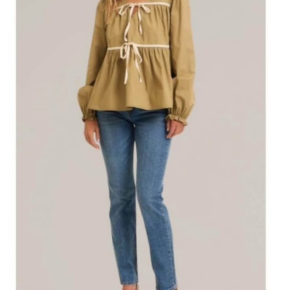 New with tags In February Chic Beige Long Sleeve Blouse with Tie Accents - Picture 2 of 3